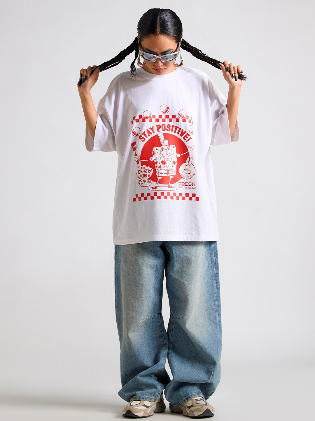 THE CLOTHING FACTORY  Typography Spongebob Printed Round Neck Oversized T-shirt