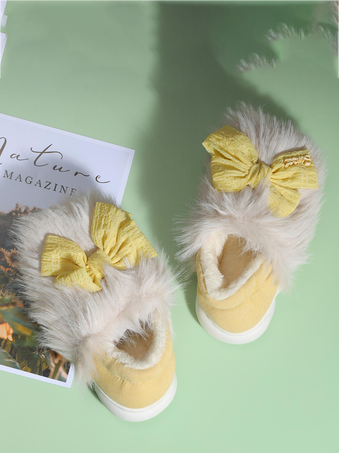 Mast & Harbour Women Fur Winter Room Slippers With Bow Detail