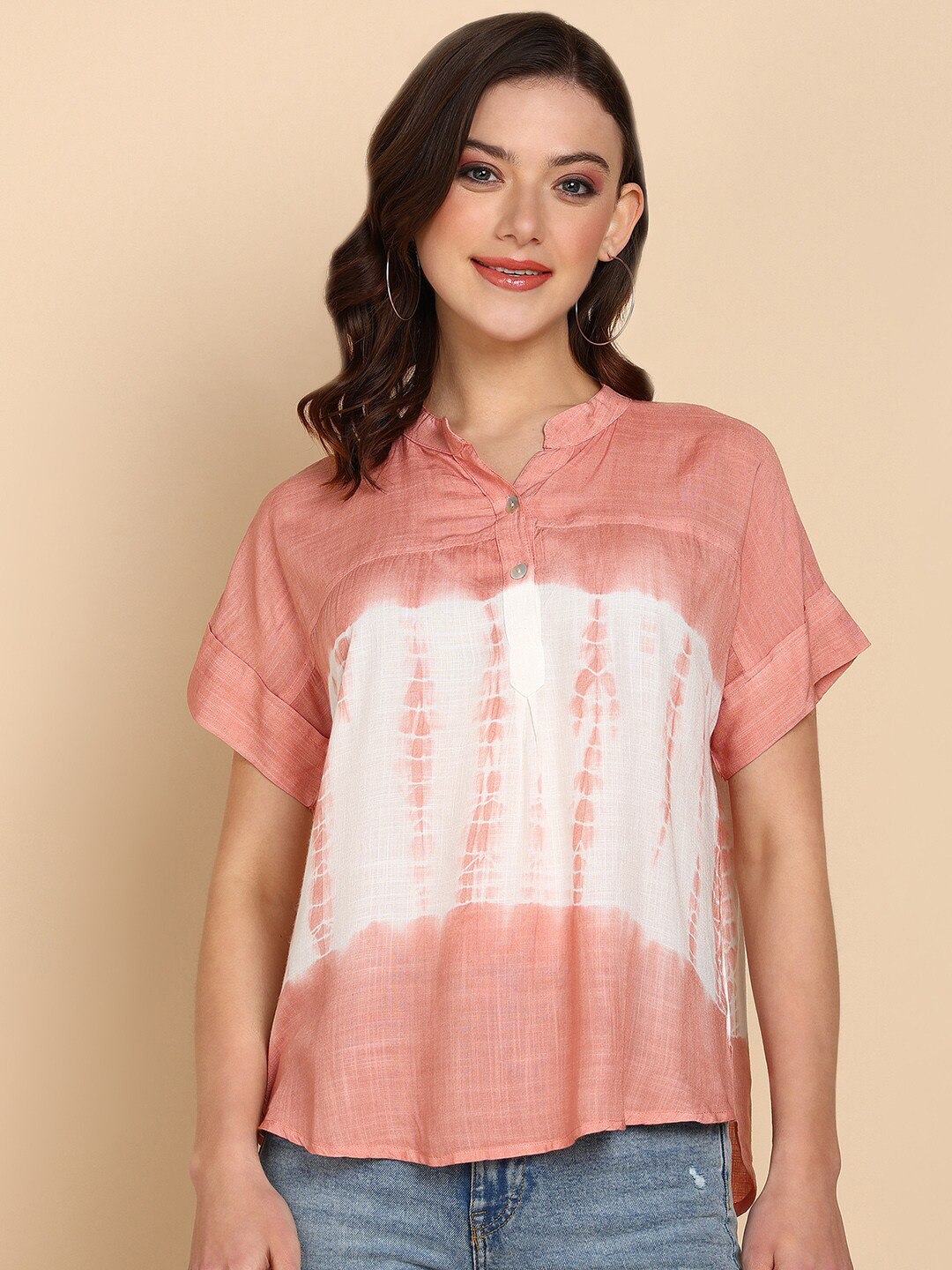 Maaesa Tie and Dye Printed Short Sleeves Shirt Style Top