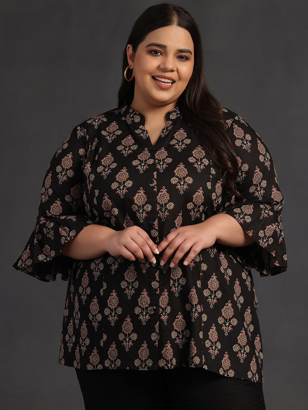 EXTRA LOVE BY LIBAS Plus Size Women Floral Printed Pure Cotton Mandarin Collar Kurti