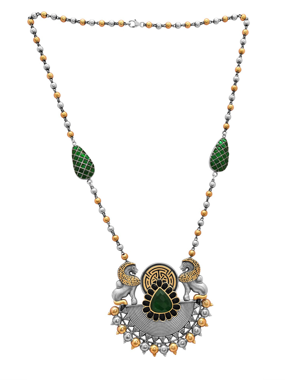 925 SILLER 925 Pure Antique German Silver Green Stone Dual Tone Oxidized Necklace