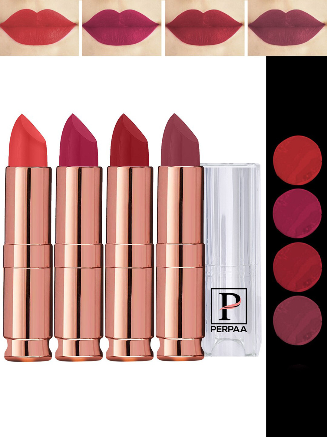 PERPAA Antique Set Of 4 Velvet Matte Lipstick- 3.5g Each-Mauve-Magenta-Red-Bright Orange
