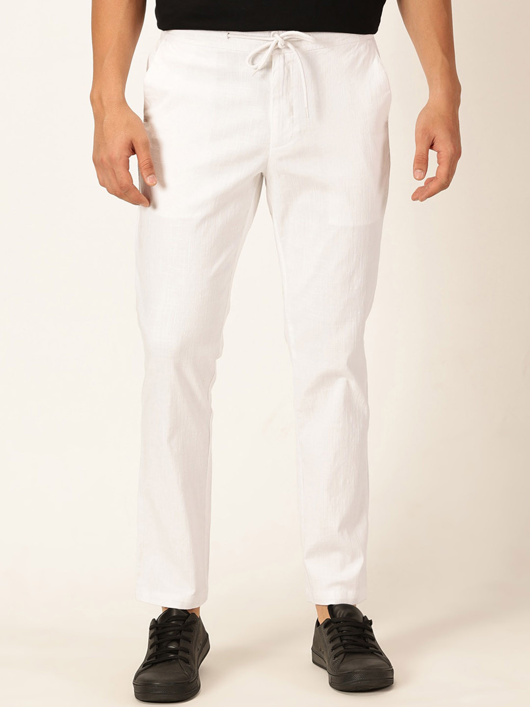 Mast & Harbour Men White Classic Slim Fit Easy Wash Linen Joggers Trousers