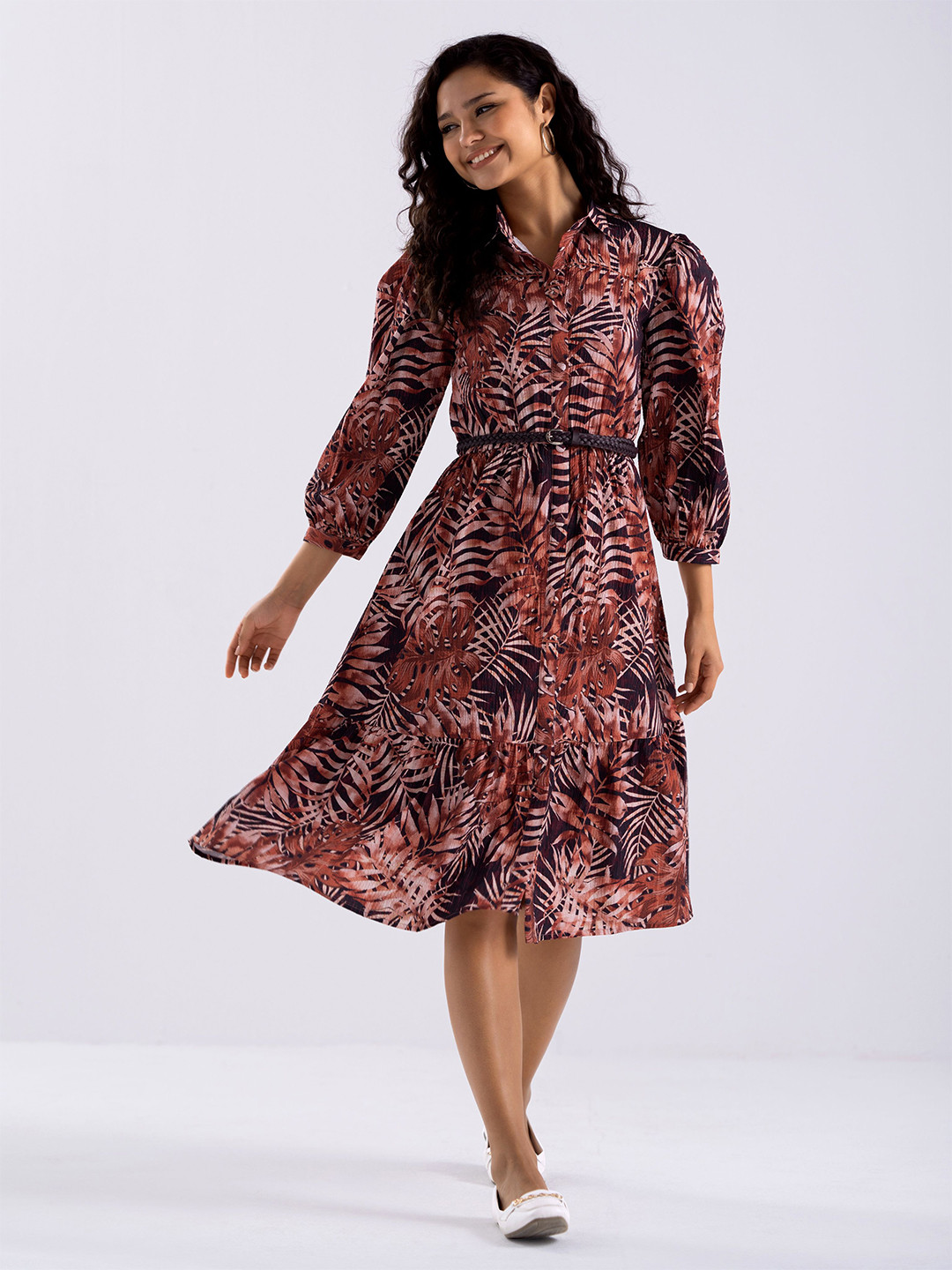 AASK Floral Print Brown Tropical Printed Cuffed Sleeves Crepe Tiered Fit & Flare Dress With Belt
