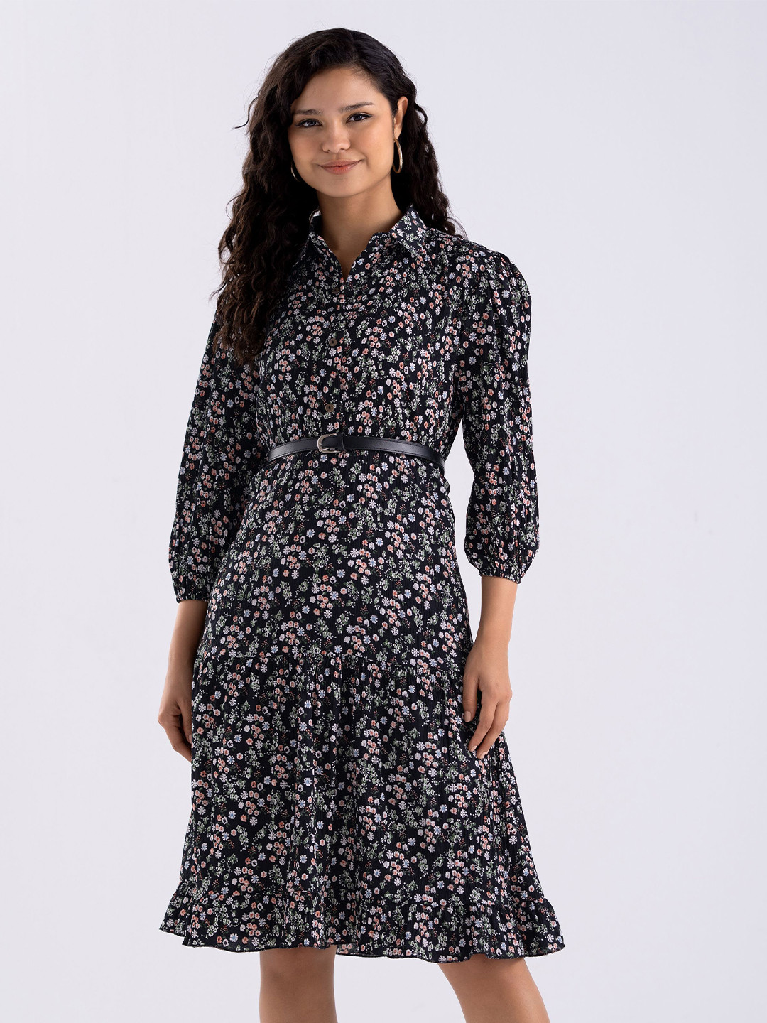 AASK Floral Printed Puff Sleeves Crepe Tiered Fit & Flare Dress With Belt