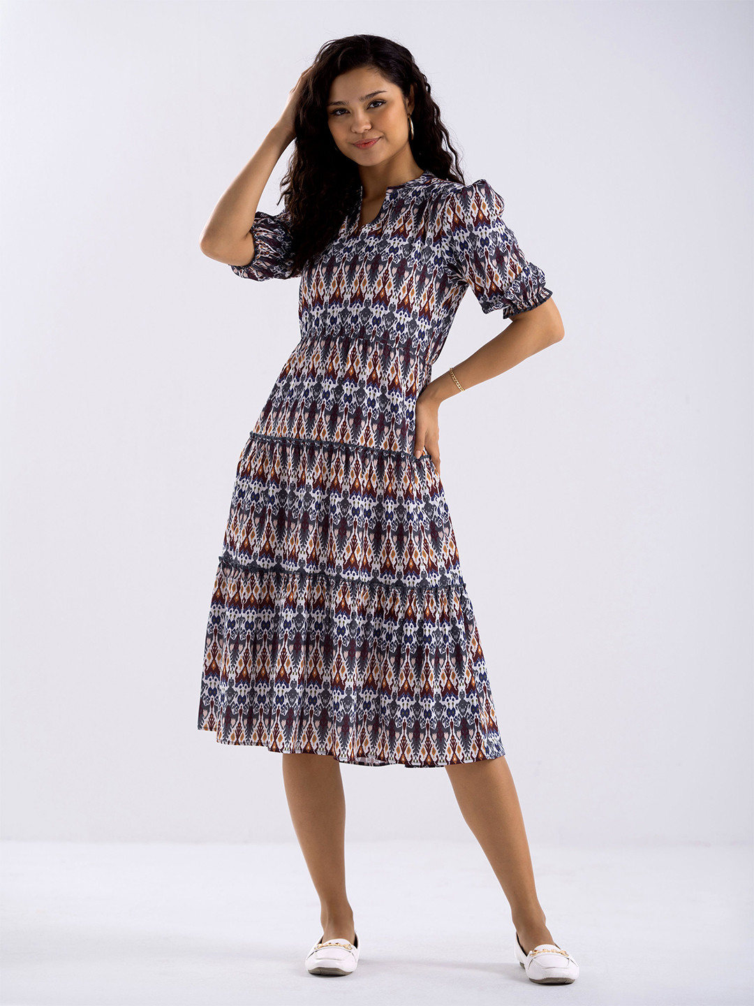AASK Tribal Printed Crepe Mandarin Collar Fit & Flare Midi Dress