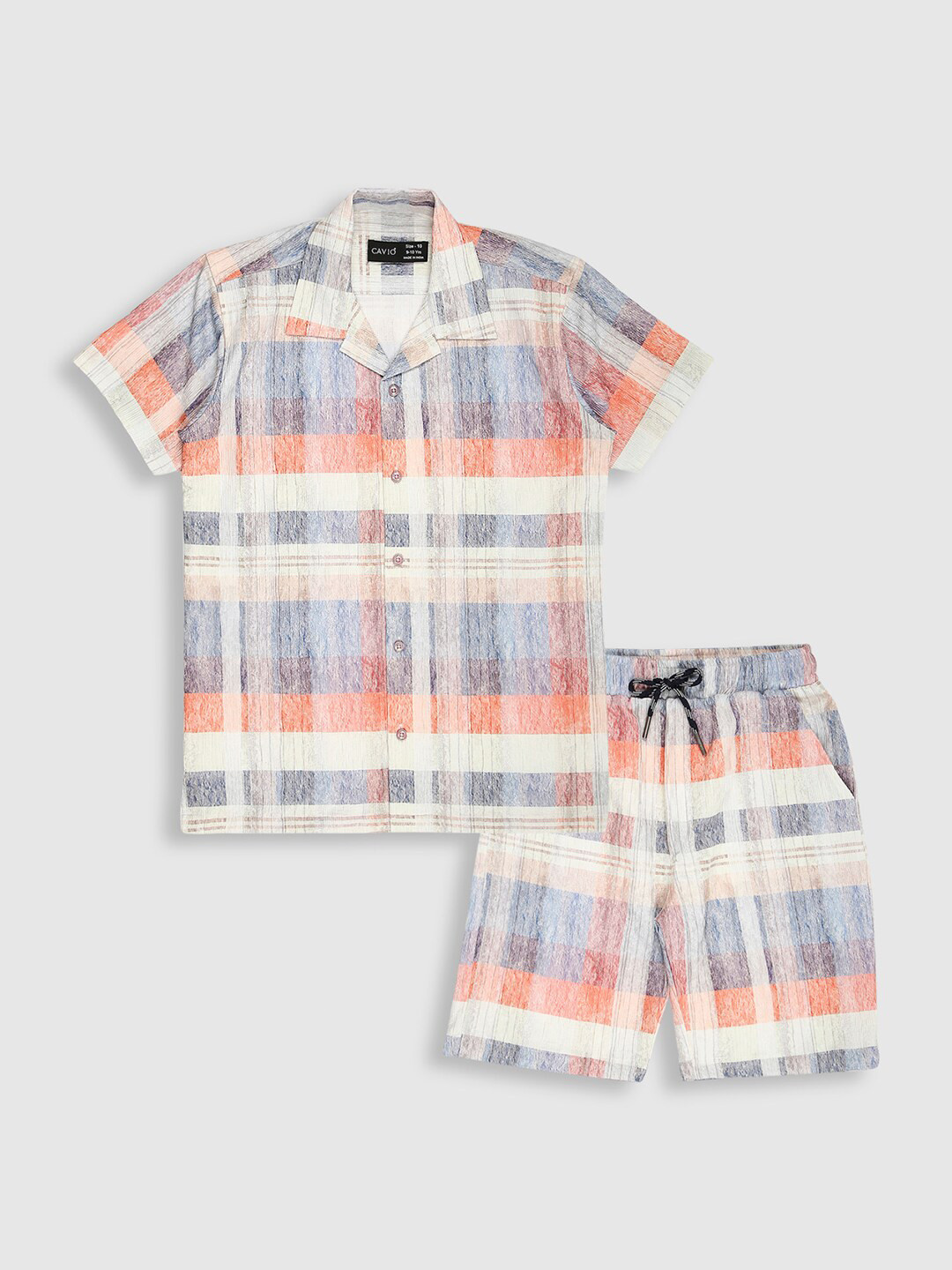 CAVIO Boys Checked Shirt Collar Short Sleeves Pure Cotton Shirt with Short