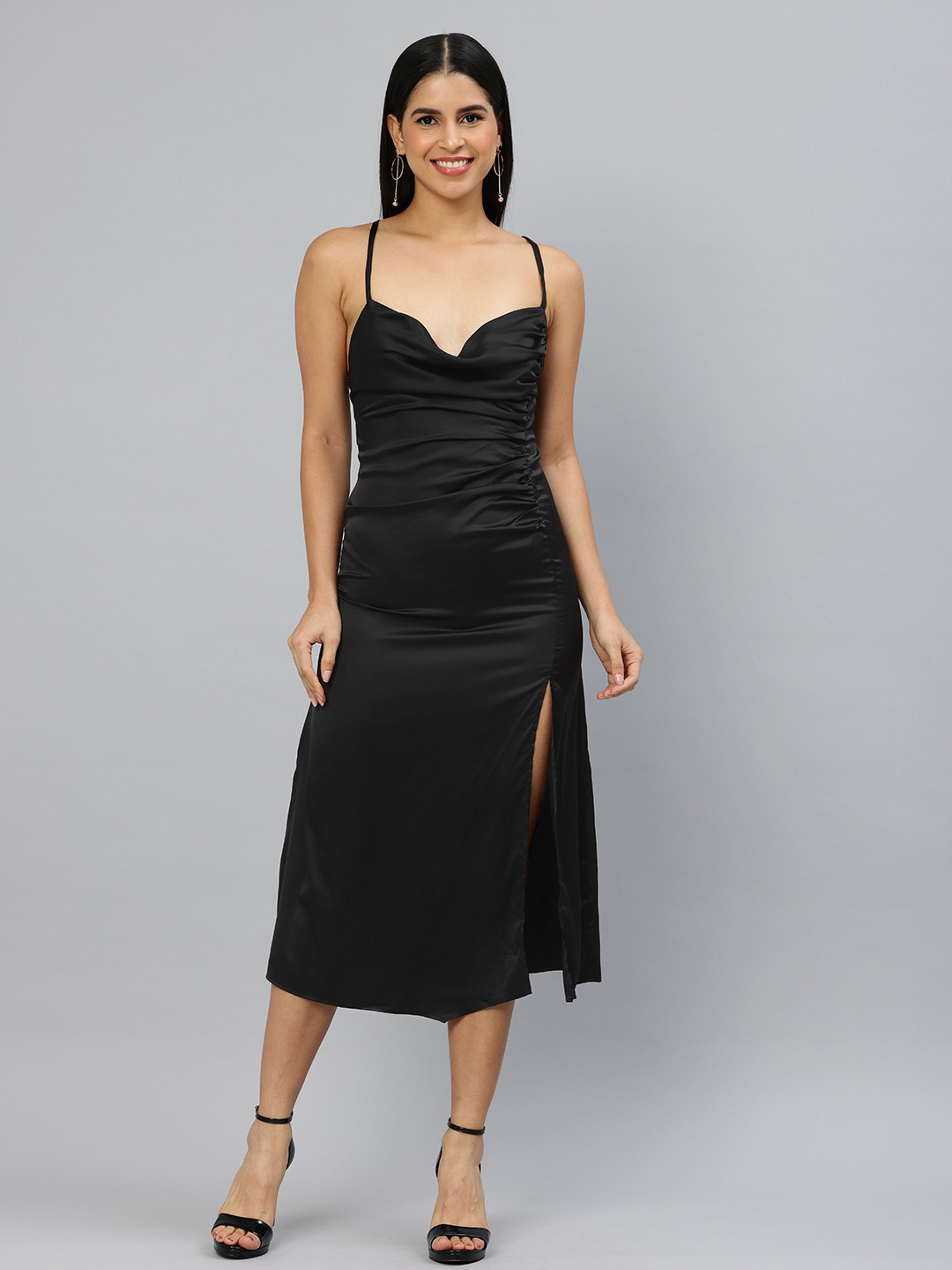 London Rag Cowl Neck Sheath Midi Dress with Ruched Detail