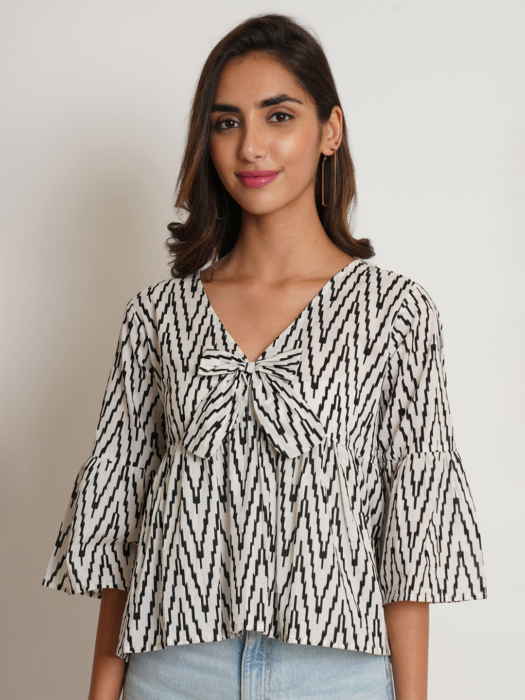 COTLAND FASHION Geometric Printed Bell Sleeve Pure Jaipuri Cotton Bow Peplum Top