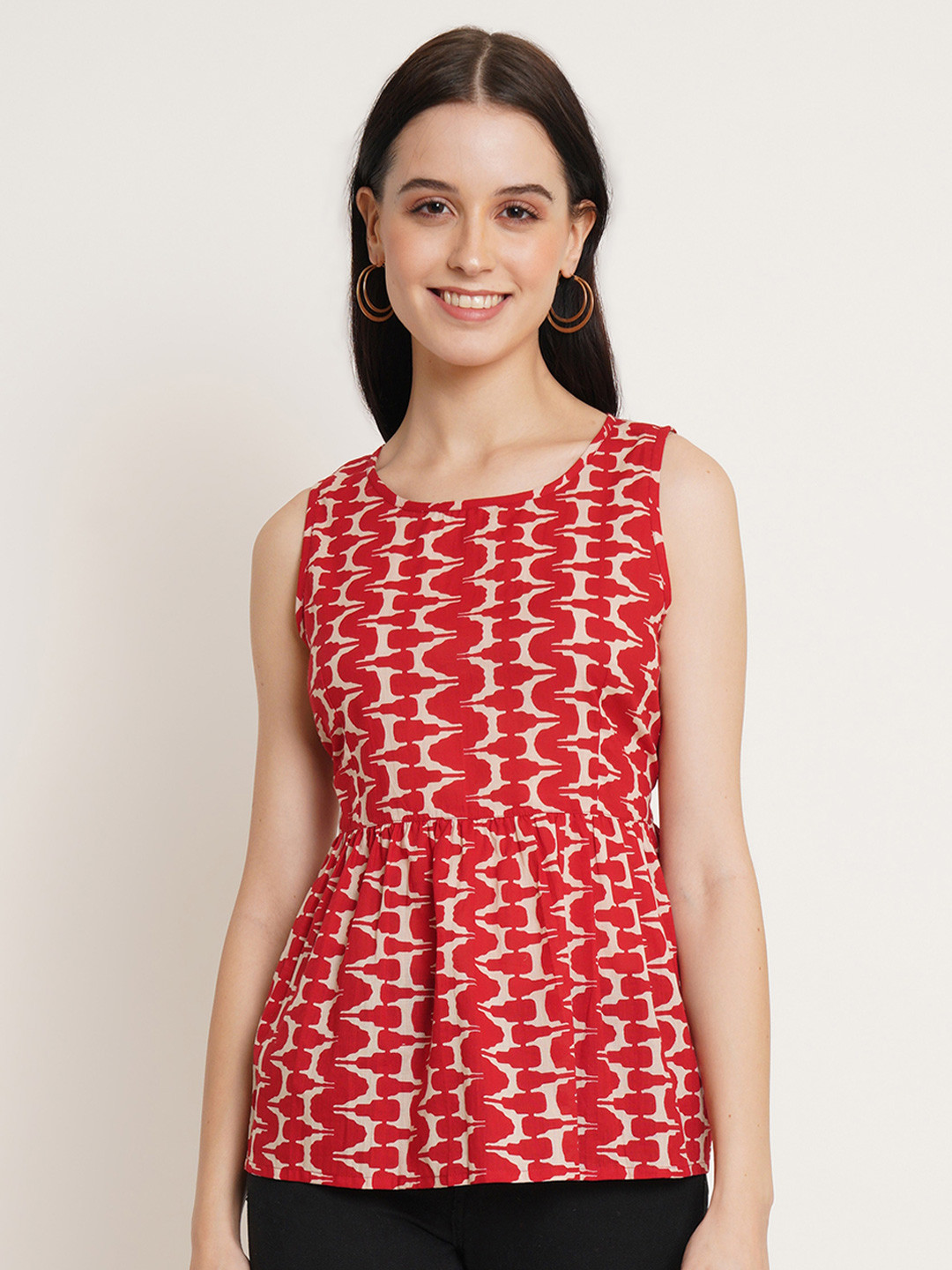 COTLAND FASHION Geometric Printed Pure Jaipuri Cotton Waist Tie-Ups Peplum Top
