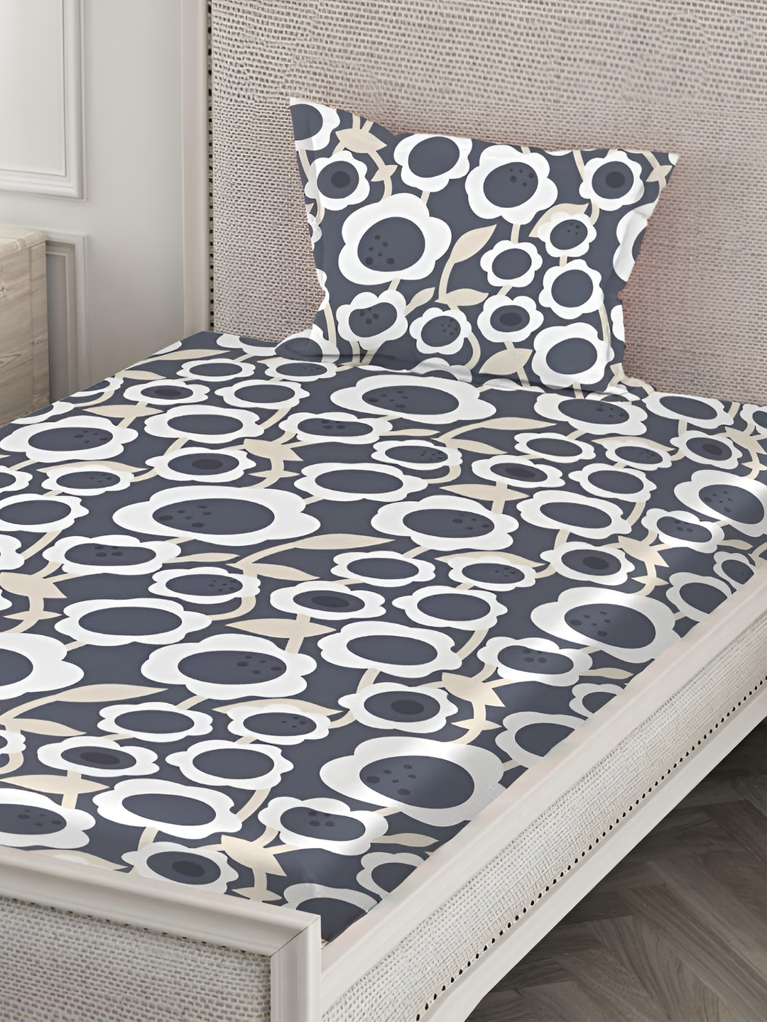 Innovative Edge Grey Floral Cotton 160 TC Fitted Single Bedsheet with a Pillow Cover-78 x 48 inches