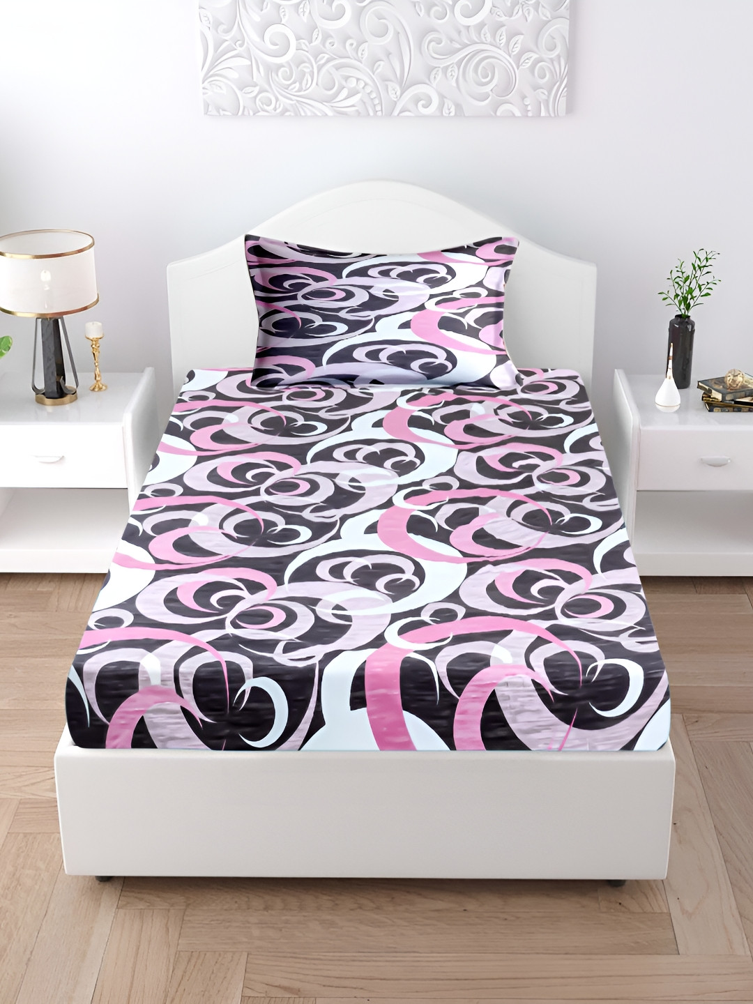 Innovative Edge 69 Design Pink Abstract Cotton 160 TC Fitted Single Superfine Bedsheet with a Pillow Cover-121 x 198 cm