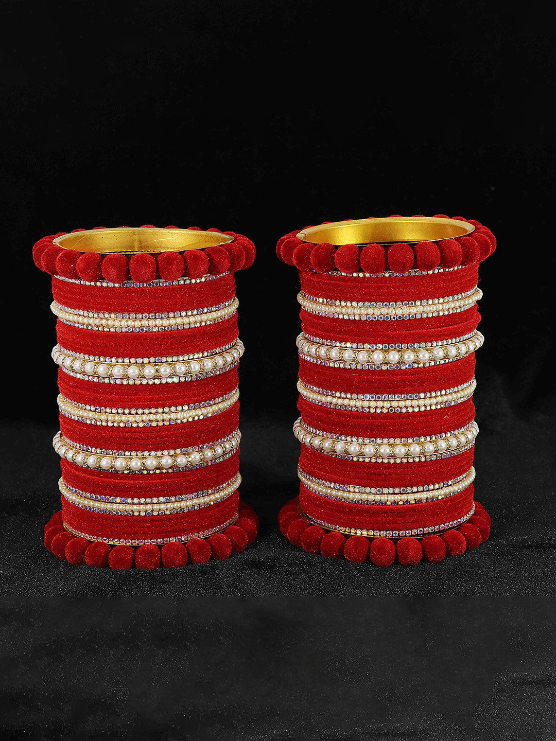 NMII Pack of 86 Premium Stones Studded & Beaded Velvet Bridal Chuda Bangle Set