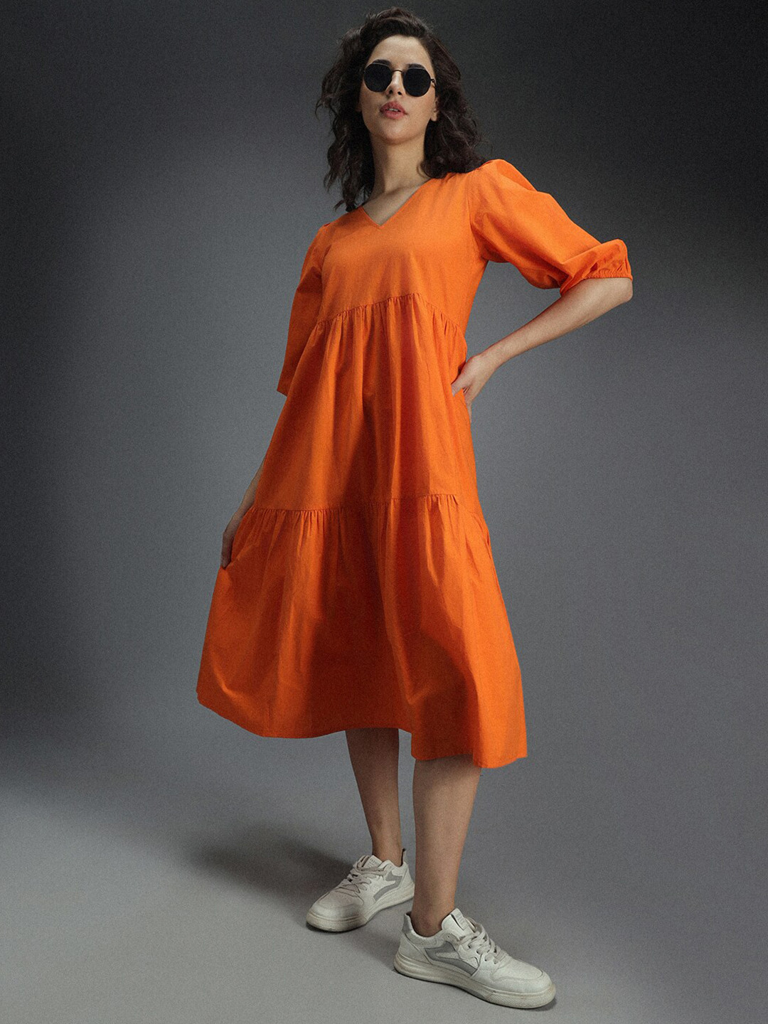 High Star V-Neck Puff Sleeve Gathered Tiered Cotton A-Line Midi Dress