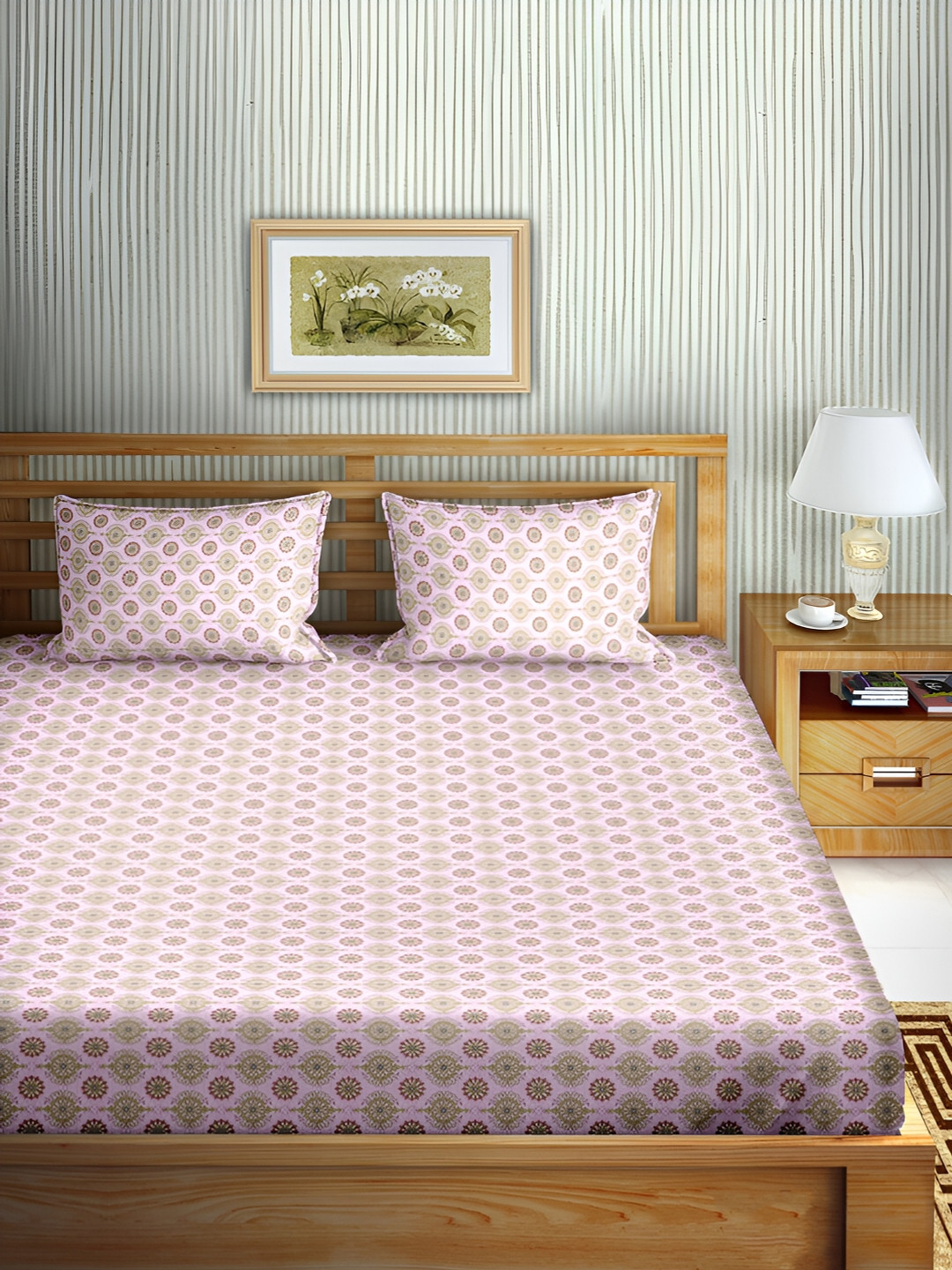 Aura Aura Collection Pink Ethnic Motifs Cotton 180 TC King Fine Bedsheet with 2 Pillow Covers-224 x 244 cm