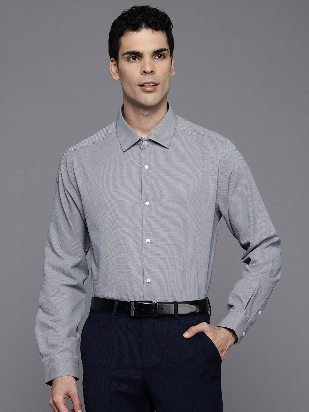 Burton Men Slim Fit Micro Checks Opaque Checked Formal Shirt