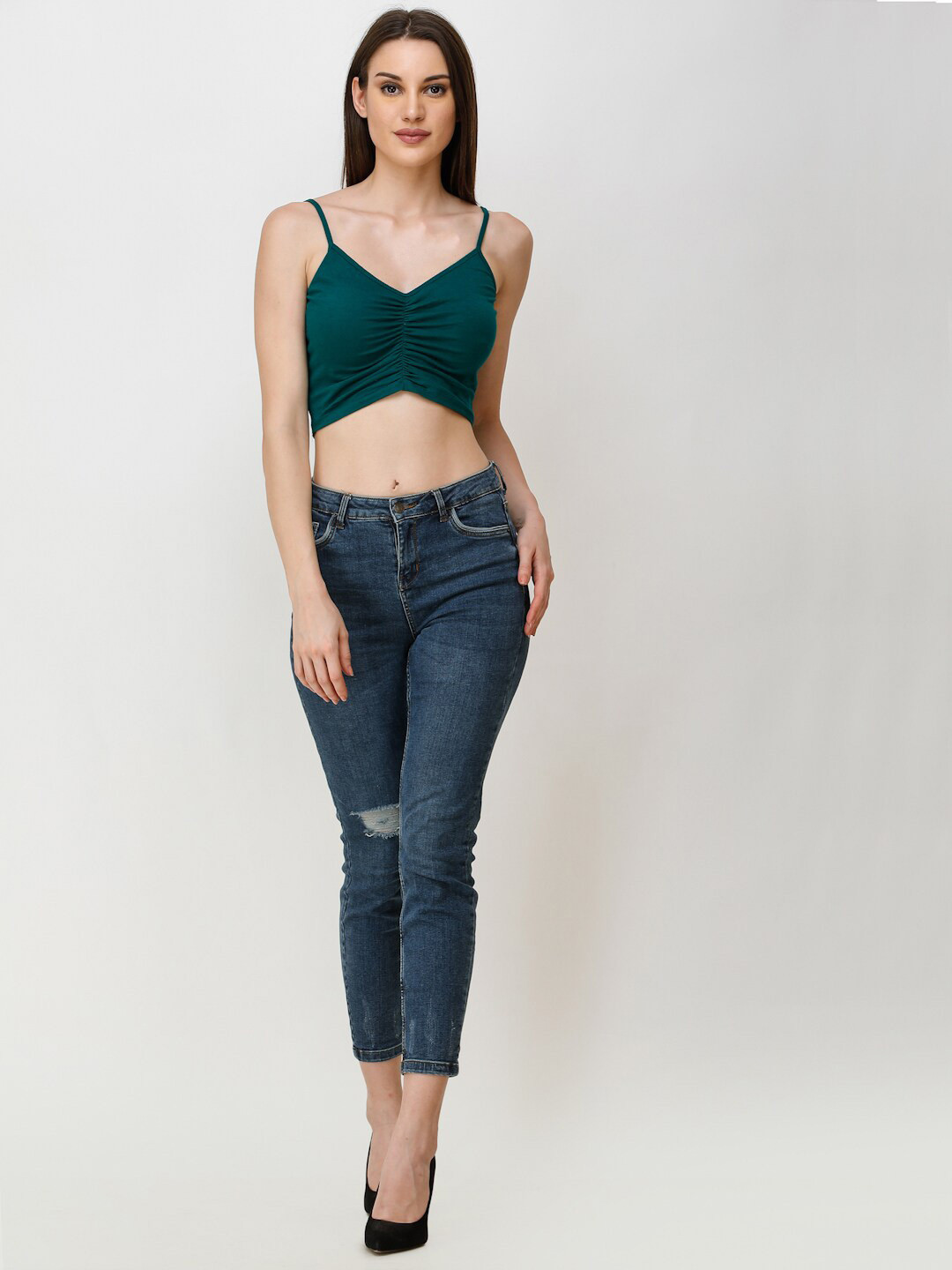Teal V-Neck Sleeveless Crop Top