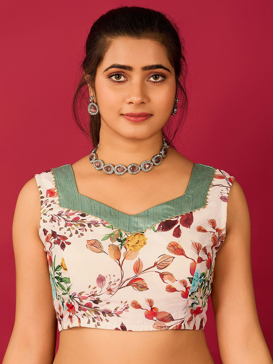 flaher Floral-Printed Satin Saree Blouse