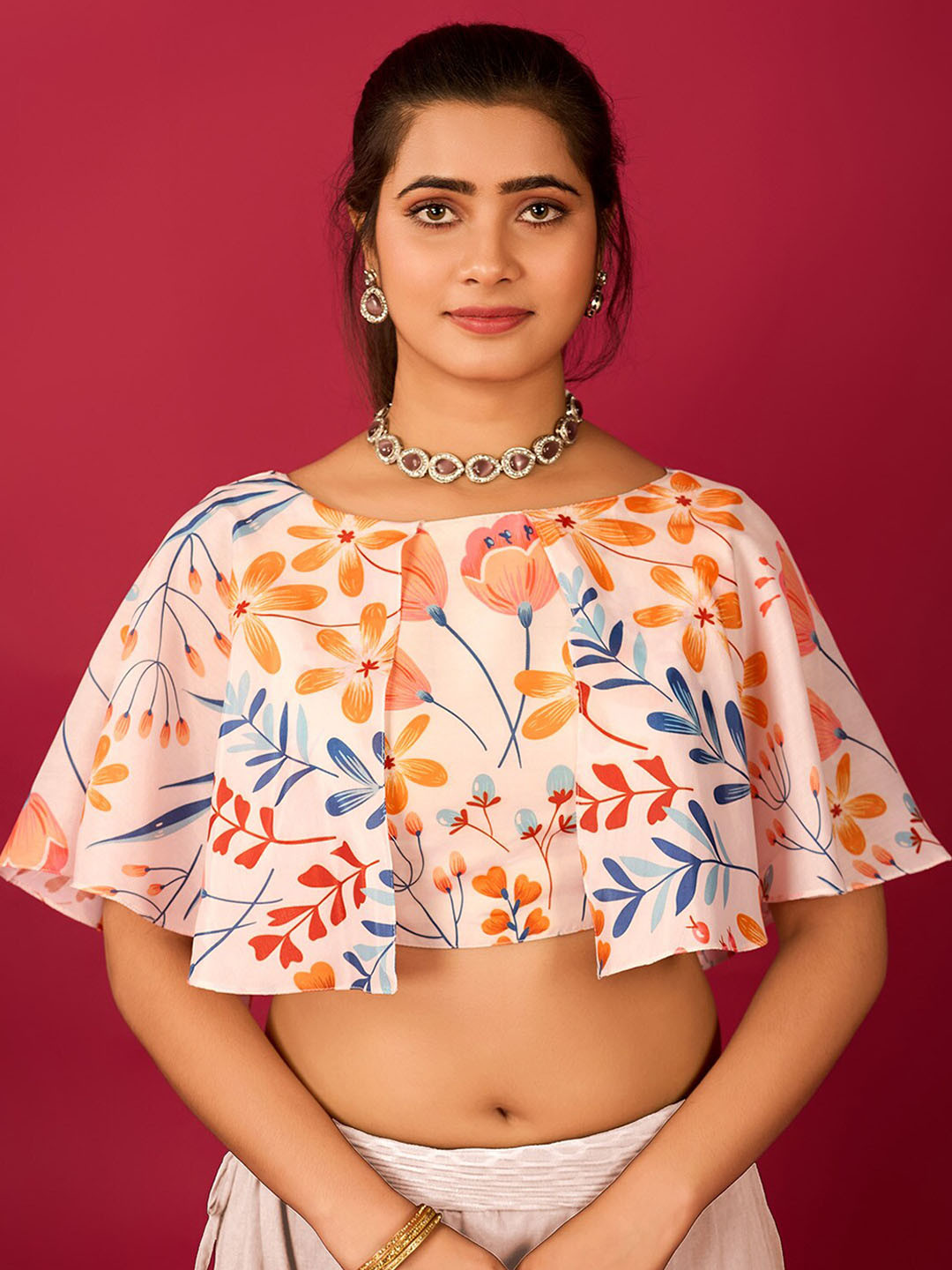 flaher Floral Printed Satin Saree Blouse