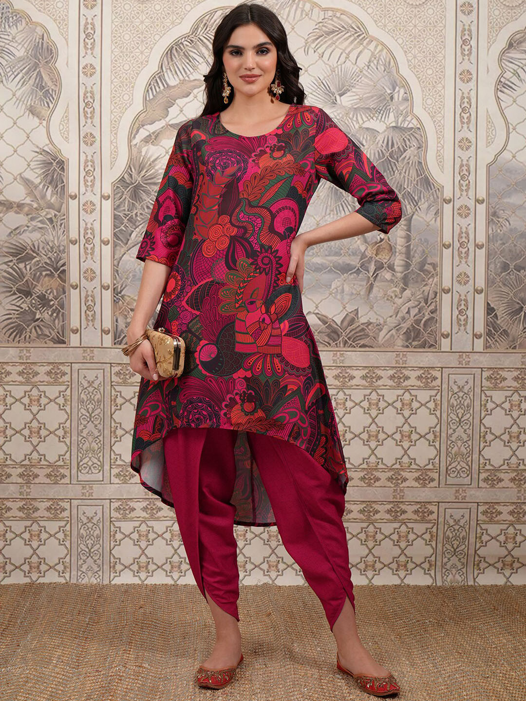 Vishudh Pink Round Neck Floral Printed A-Line Regular Kurta with Dhoti Pants
