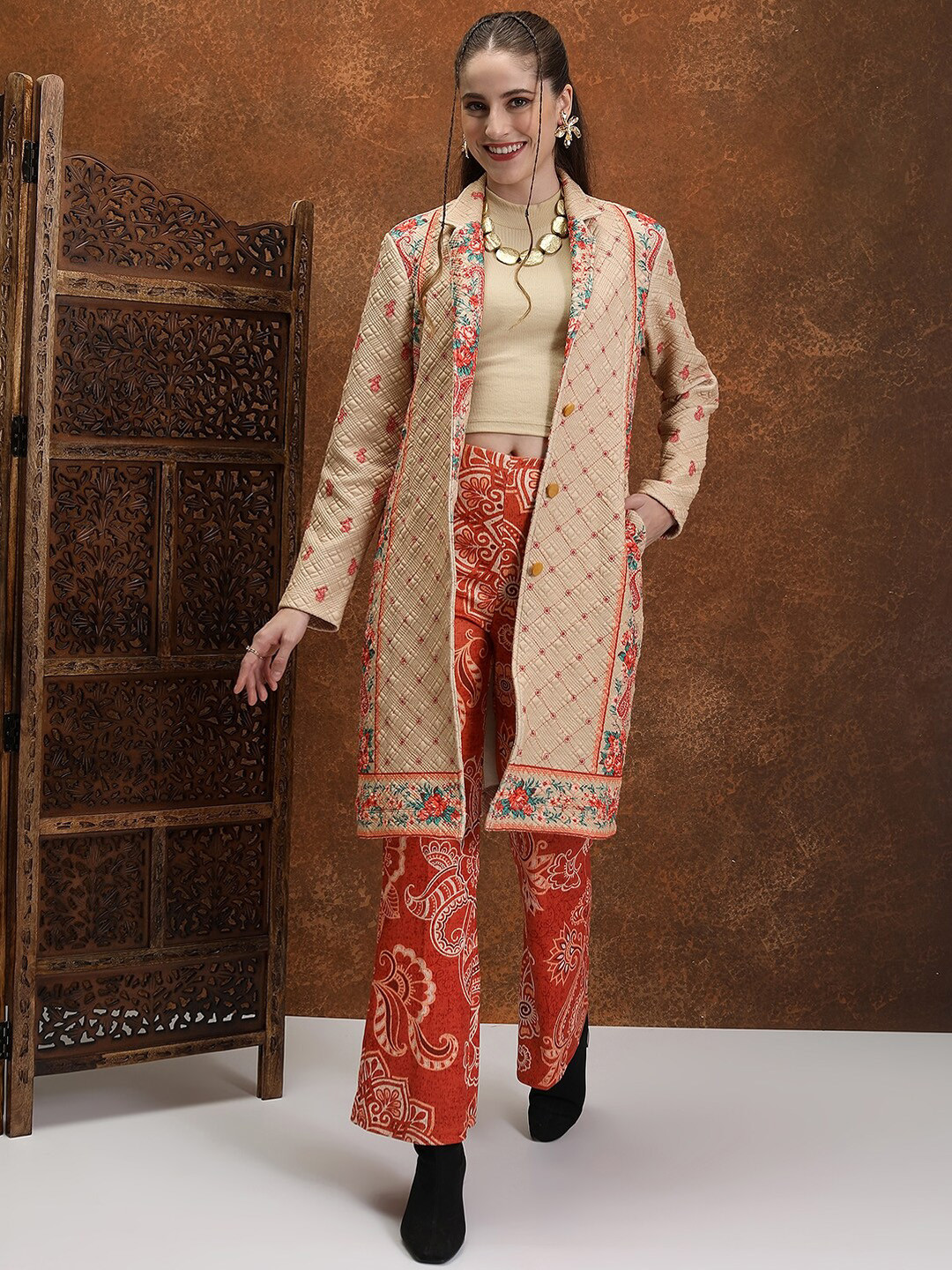 Vishudh Beige Floral Longline Biker Jacket
