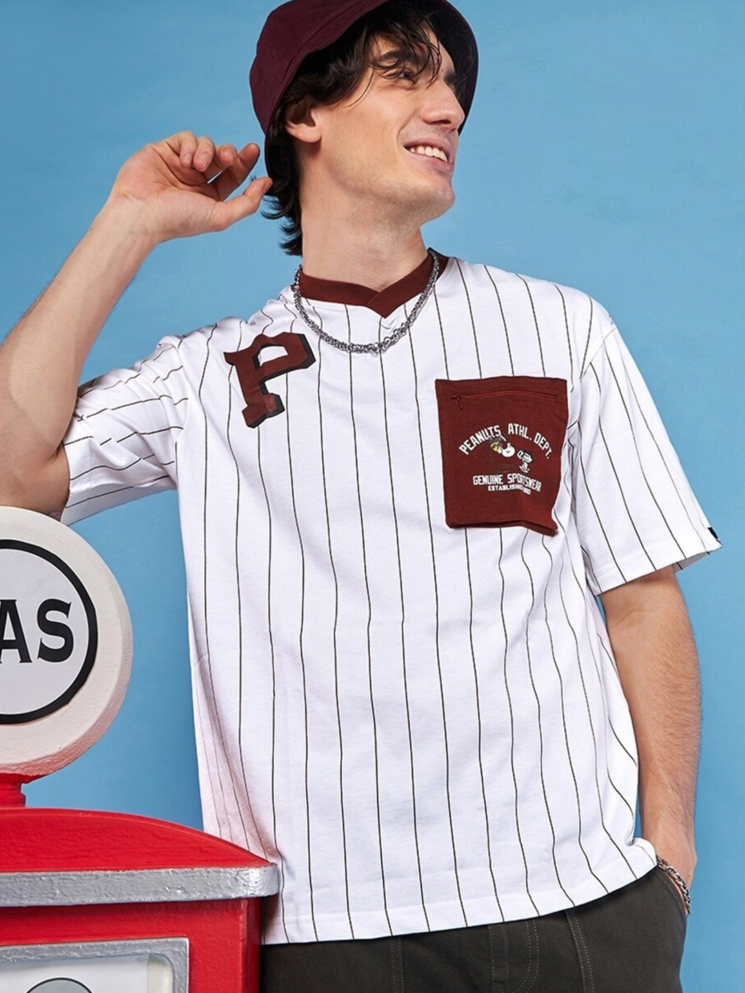 Bewakoof Plus Peanuts Printed V-Neck Drop-Shoulder Sleeves Cotton Oversized T-shirt
