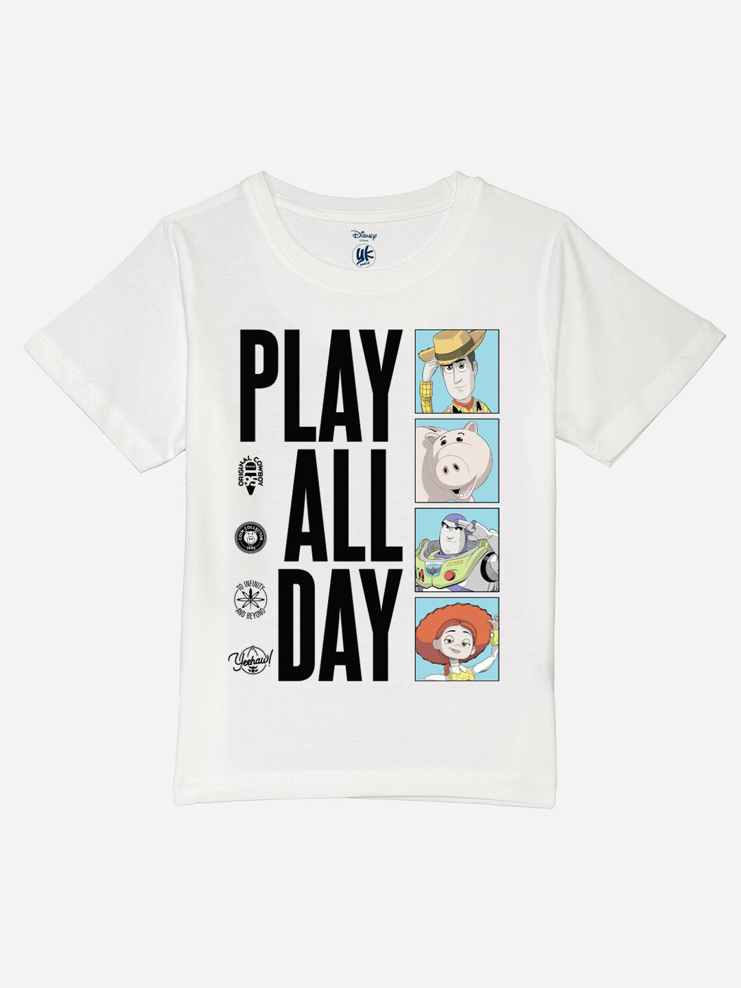 YK Disney Boys Regular Fit Typography Toy Story Printed Pure Cotton Applique T-shirt