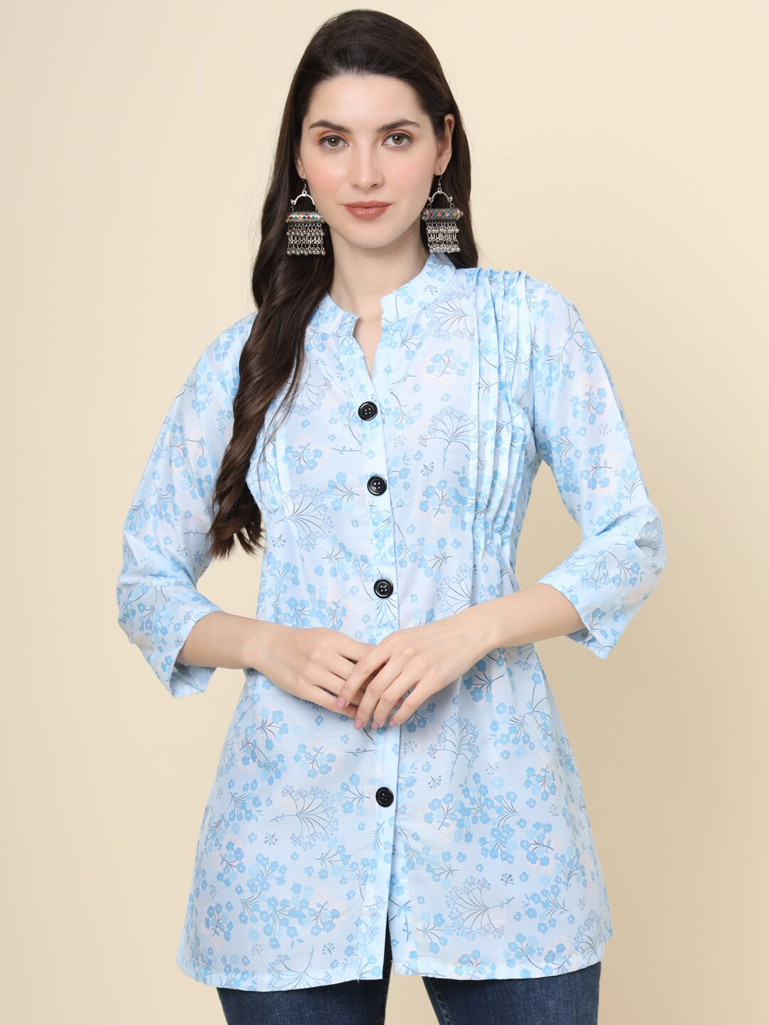 VAIRAGEE Floral Printed Mandarin Collar Cotton Tunic