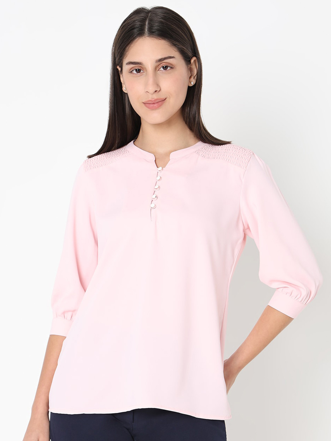 NOT SO PINK Mandarin Collar Cuffed Sleeves Smocked Top