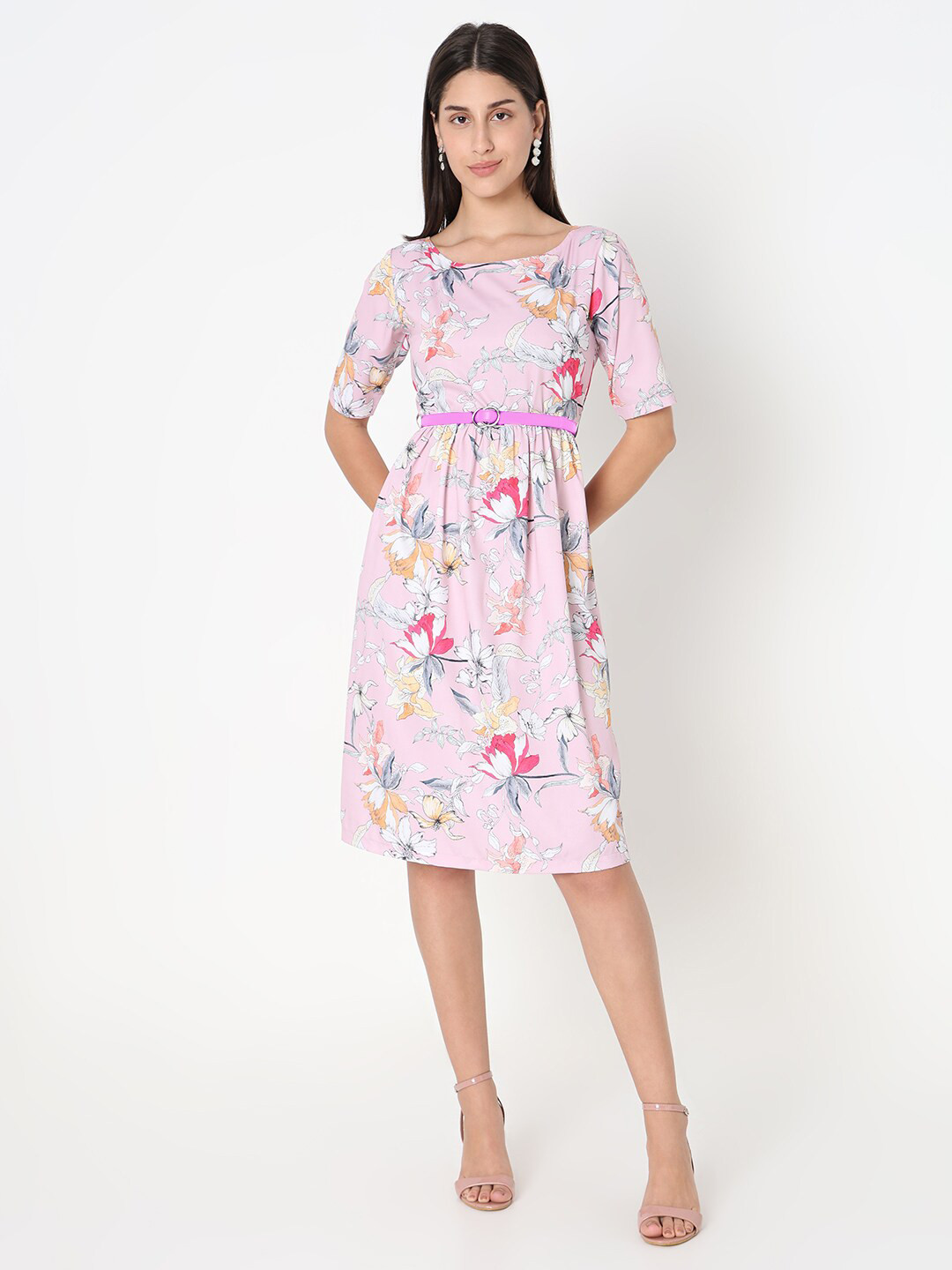 NOT SO PINK Floral Printed Gathered Detailed Fit & Flare Dress With Belt