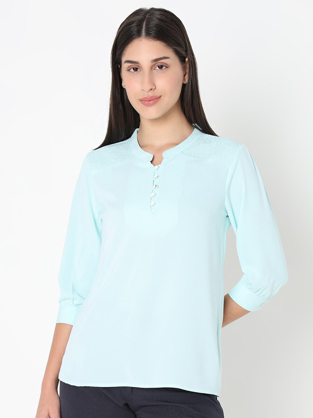 NOT SO PINK Mandarin Collar Cuffed Sleeves Smocked Top