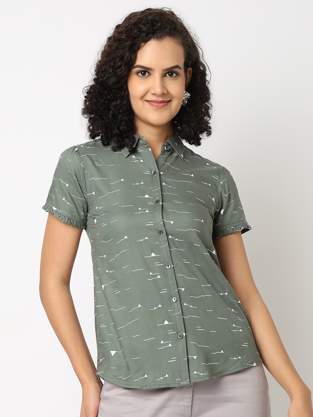 NOT SO PINK Comfort Geometric Printed Ruffles Casual Shirt