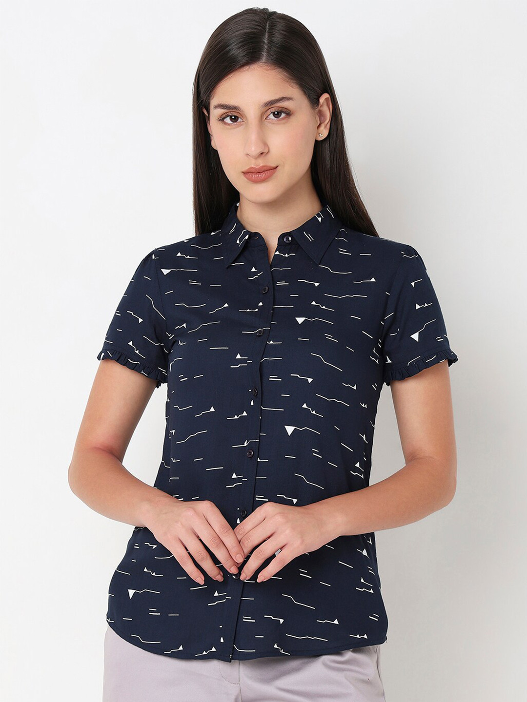 NOT SO PINK Comfort Geometric Printed Ruffles Casual Shirt