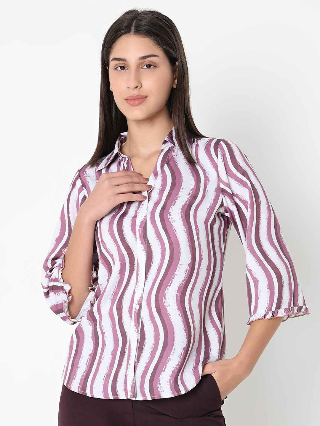 NOT SO PINK Comfort Vertical Striped Bell Sleeves Ruffles Casual Shirt