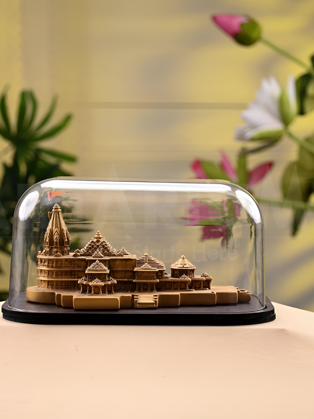 Artarium LLP Ram Mandir Gold Wood Natural Prayer Room Medium Showpiece - 3.9 Inches