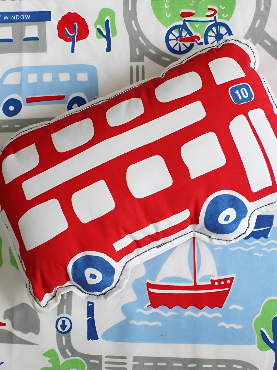 Silverlinen Red & Blue Printed Bus Shape Pre Filled Cushion