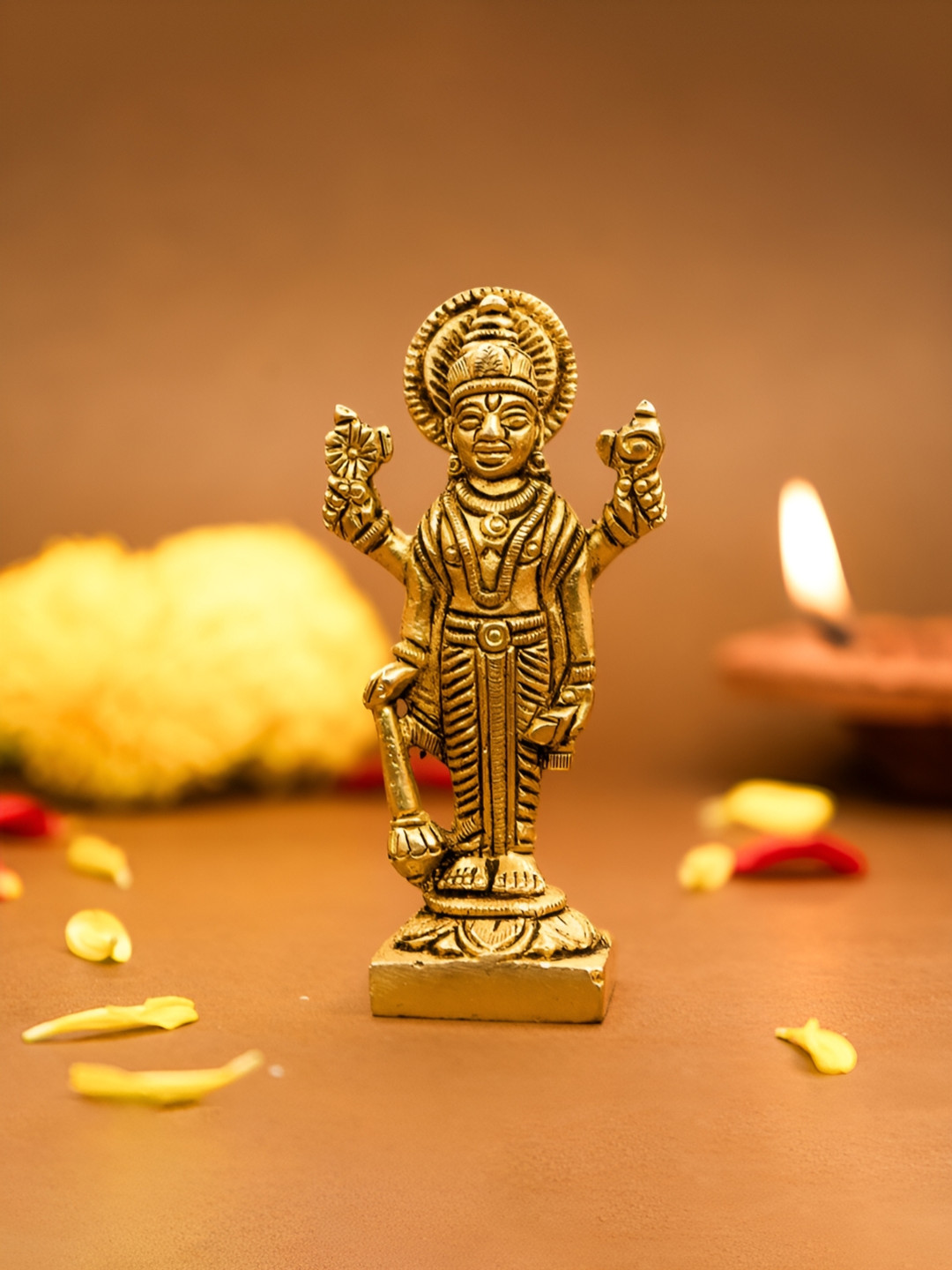 Ekhasa Lord Vishnu Gold Brass Metallic Prayer Room Small Showpiece - 3.3 Inches