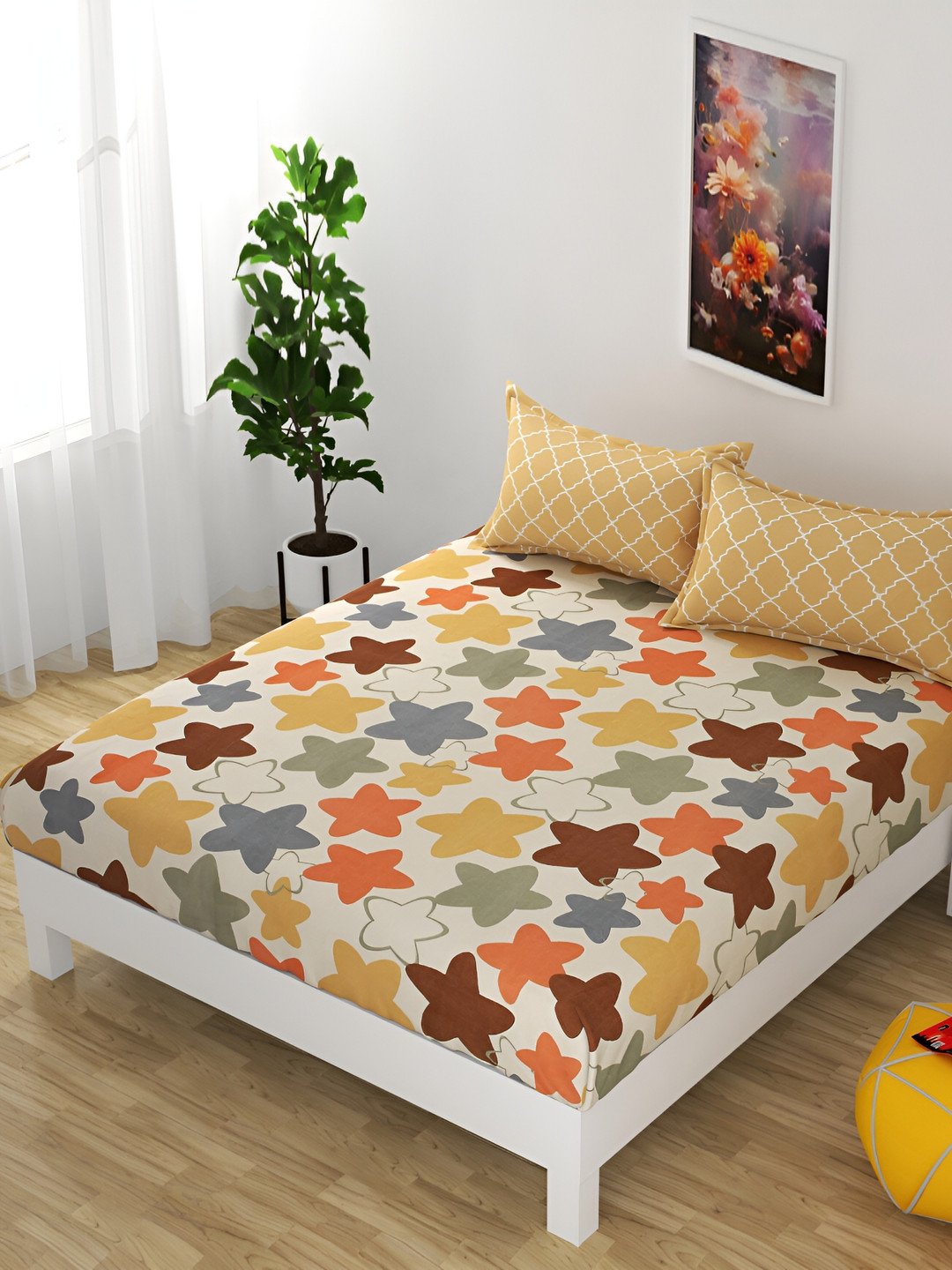 FINE TEX WORLD Brida Beige Conversational Microfiber 220 TC King Superfine Bedsheet with 2 Pillow Covers-100 x 108 inches