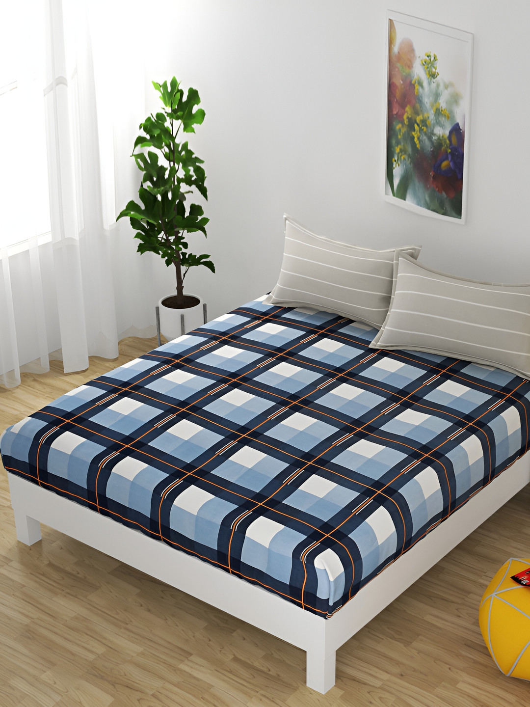 FINE TEX WORLD Turquoise Blue Geometric Microfiber 220 TC King Superfine Bedsheet with 2 Pillow Covers-100 x 108 inches