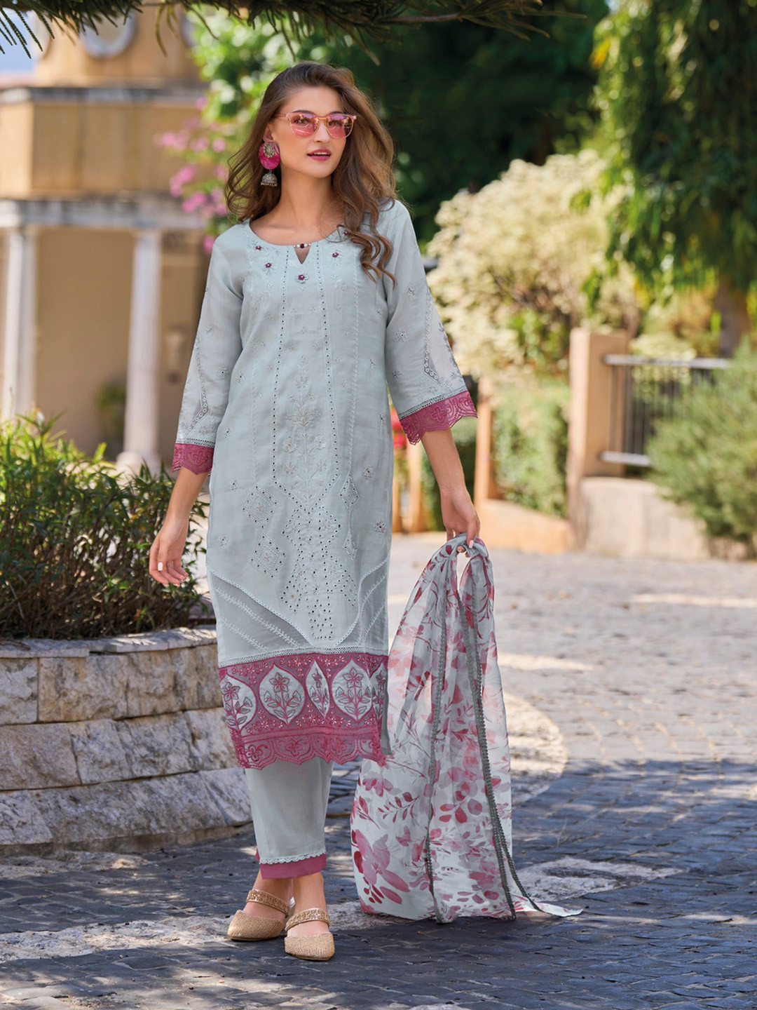 AUTUMN LANE Floral Embroidered Regular Thread Work Kurta With Trousers & Dupatta
