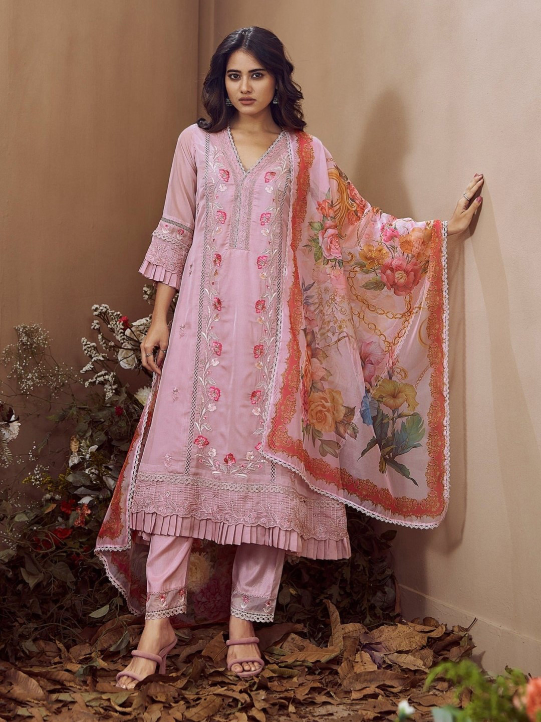 AUTUMN LANE Floral Embroidered Thread Work V-Neck A-Line Kurta With Trouser &  Dupatta