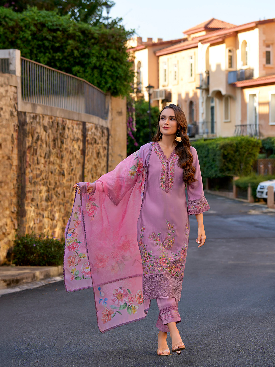 AUTUMN LANE Embroidered V-Neck Bell Sleeves Straight Kurta With Trouser & Dupatta