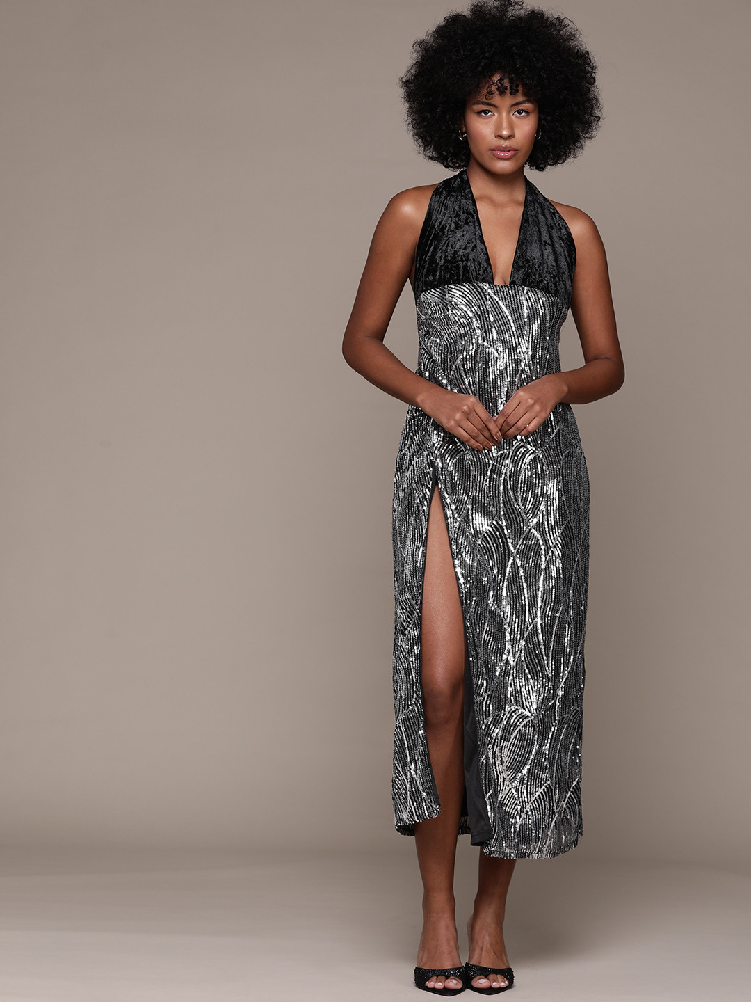 bebe Future Glam Sequined Halter Neck High-Slit Midi Dress