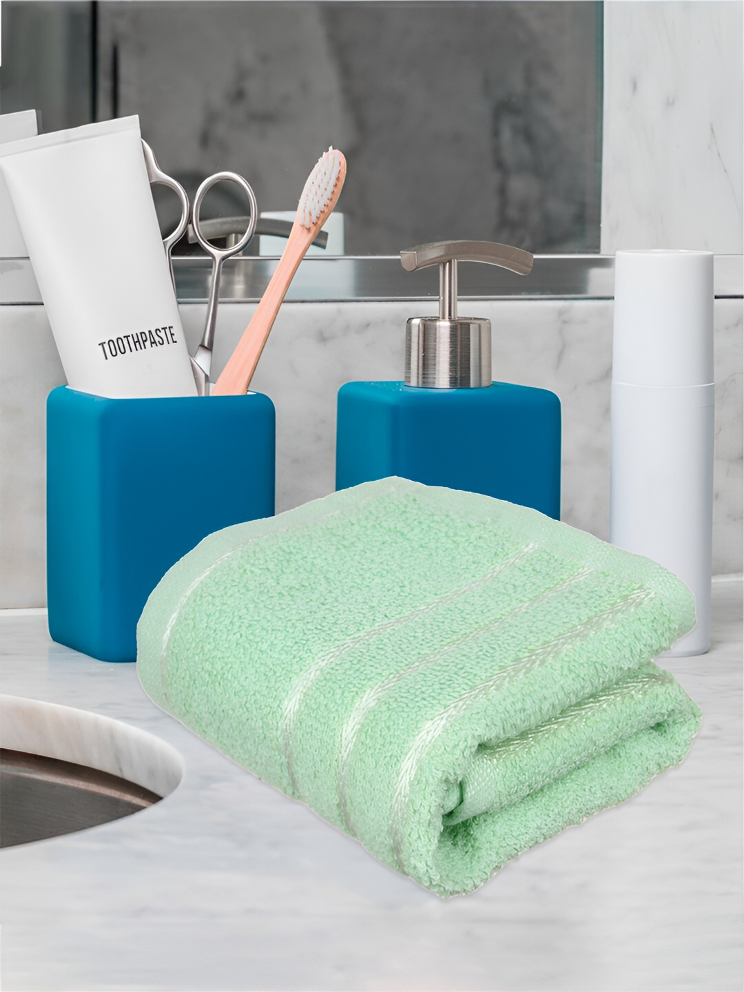 Kuber Industries Green & Nude-Coloured 4 Pieces Lining Design Pure Cotton Face Towels