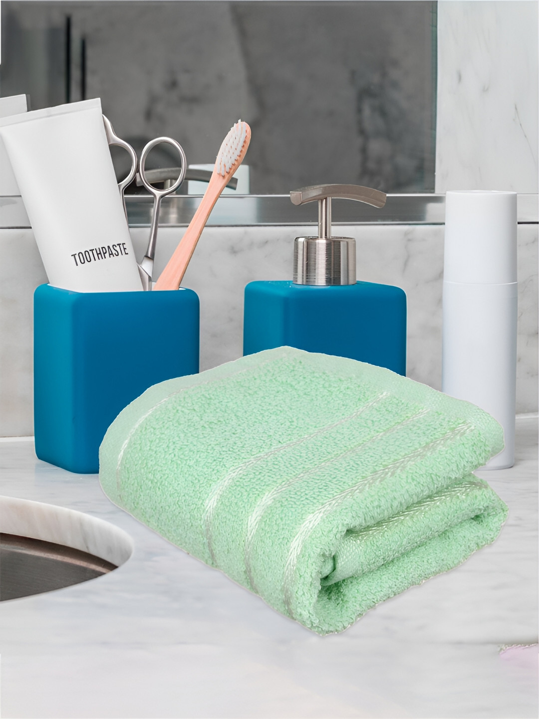 Kuber Industries Green & Brown 4 Pieces Lining Design Pure Cotton Face Towels