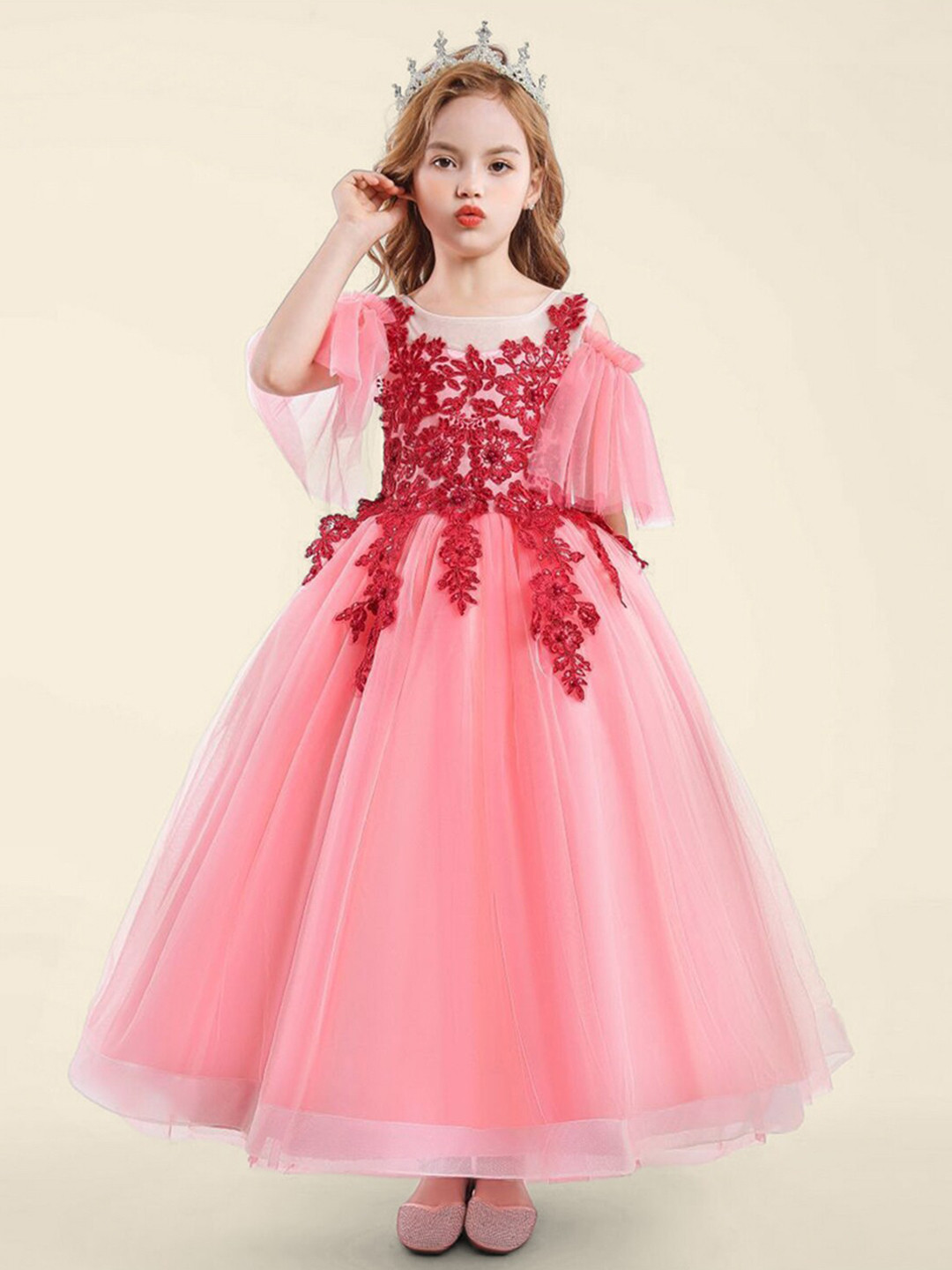 INCLUD Girls Embellished Flared Sleeve Lace Tulle Maxi Dress