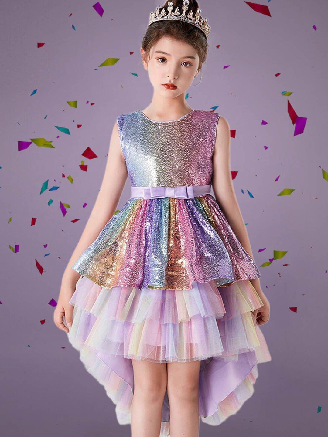 INCLUD Girls Sequins Tiered High-Low Hem Party Dress