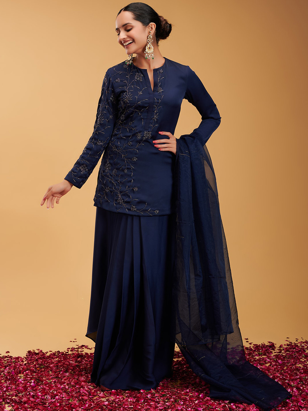RIRASA Chandrakala Floral Embroidered Zardozi Silk Crepe Kurta with Skirt & With Dupatta