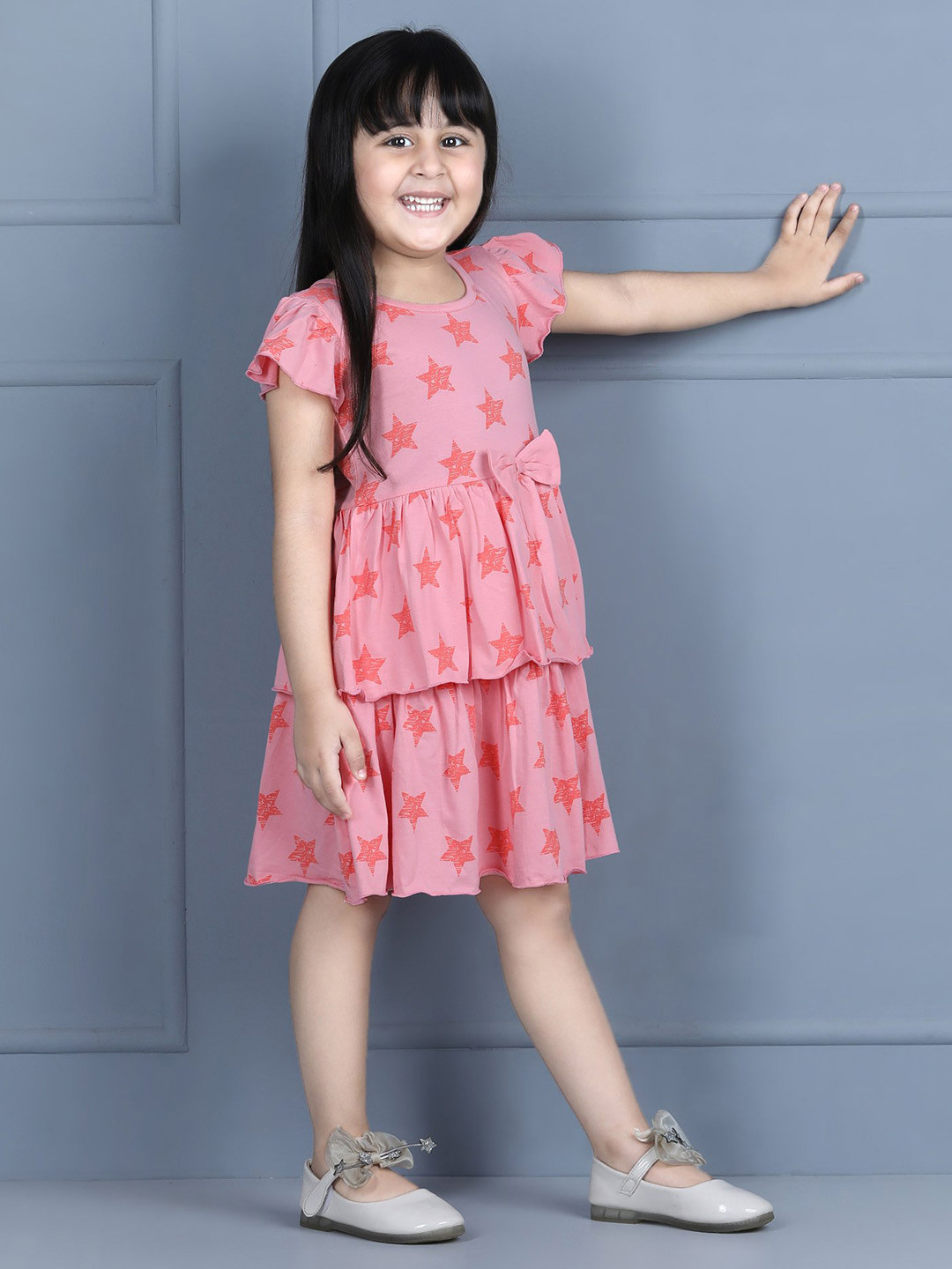 Hola Bonita Girls Abstract Print Cotton Flutter Sleeve Layered A-Line Dress