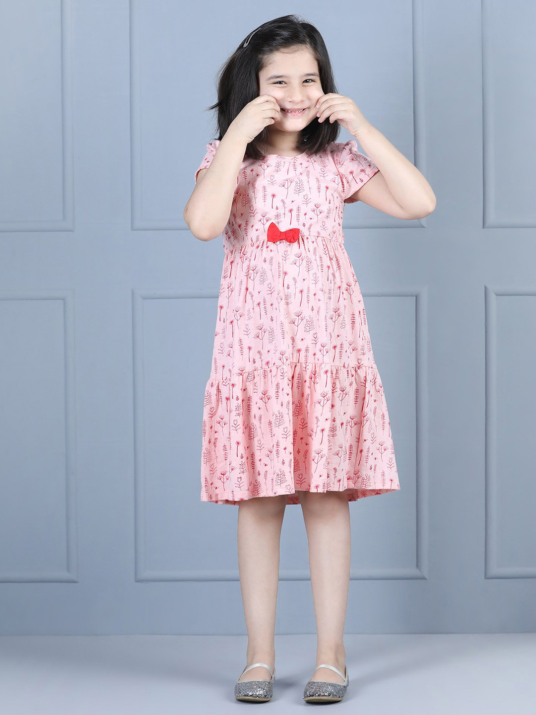 Hola Bonita Girls Floral Print Pure Cotton Flutter Sleeve A-Line Dress